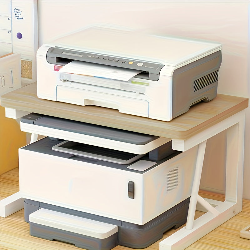 Durable metal printer stand with storage shelf, ideal for home and office organization.