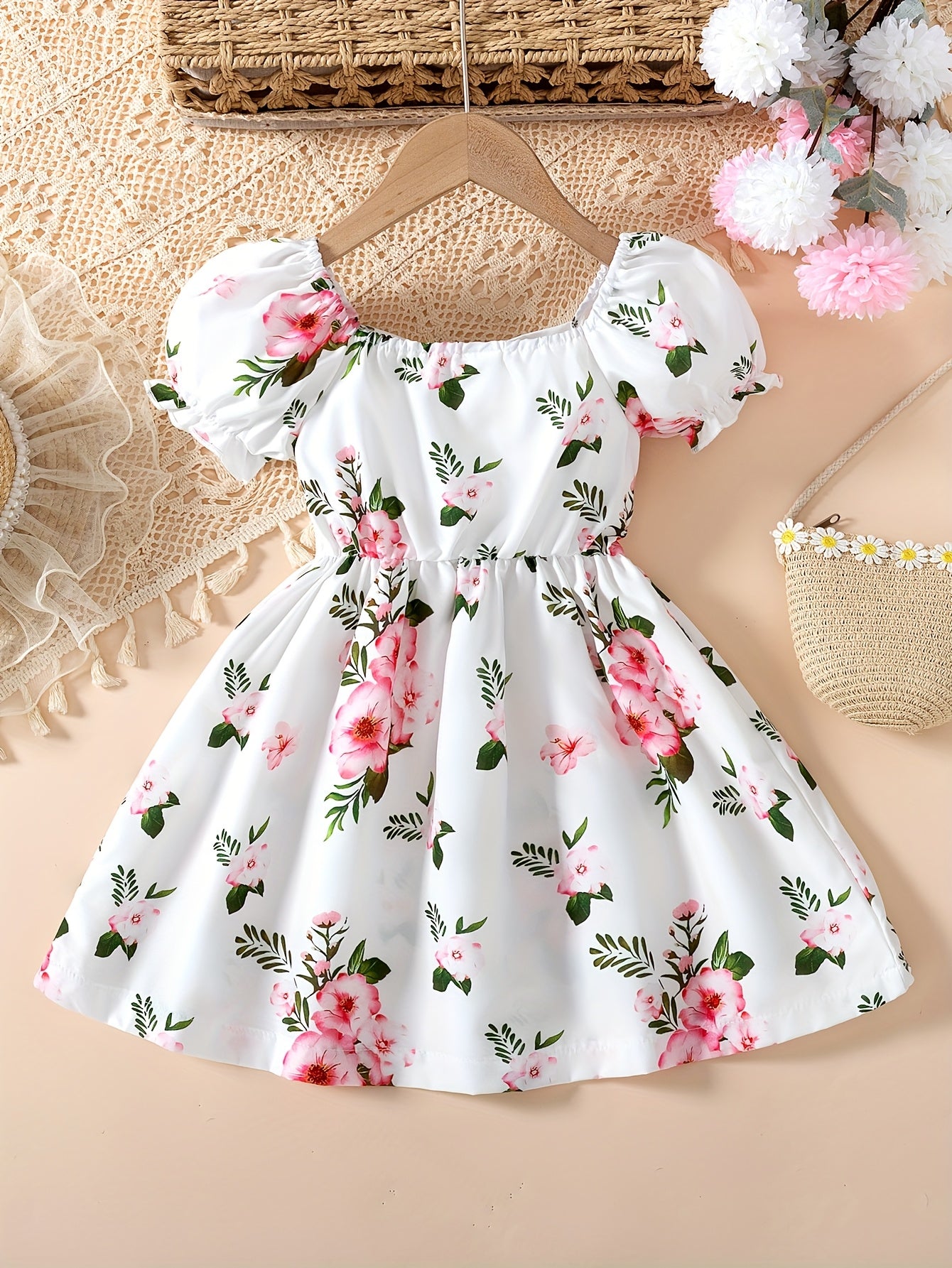 Flower Lady Lantern Sleeve Summer Dress with Sweet Skirt