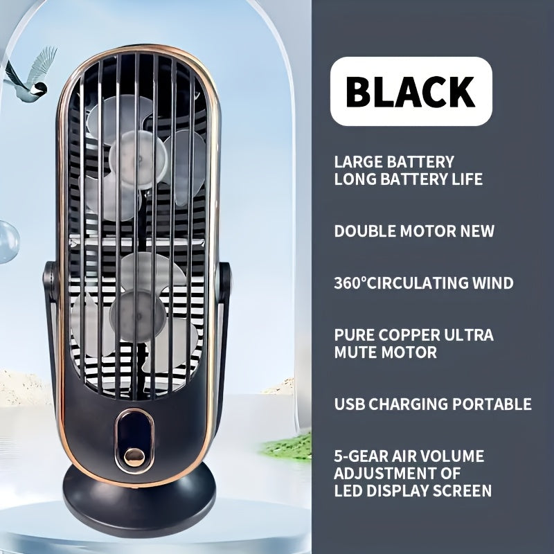 Buy Product 1: Portable Desktop Fan with Large Battery Dual Motors, Household Small Air Circulation Fan, 5-Speed 720° Surrounding Blower for Office, Travel, Camping, Outdoor RV. Perfect as a Portable USB Fan Gift for Thanksgiving, Halloween, Christmas.