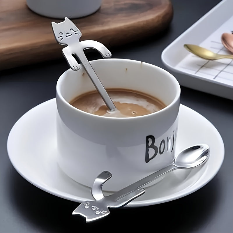 Adorable Stainless Steel Spoon Shaped Like a Cat, Stylish Long Handle Stirrer for Coffee, Tea, and Espresso, Made of 304 Stainless Steel, Beautiful Addition to Your Kitchen, Ideal for Christmas, Grandparents Day, Independence Day, Valentine's Day, Labor