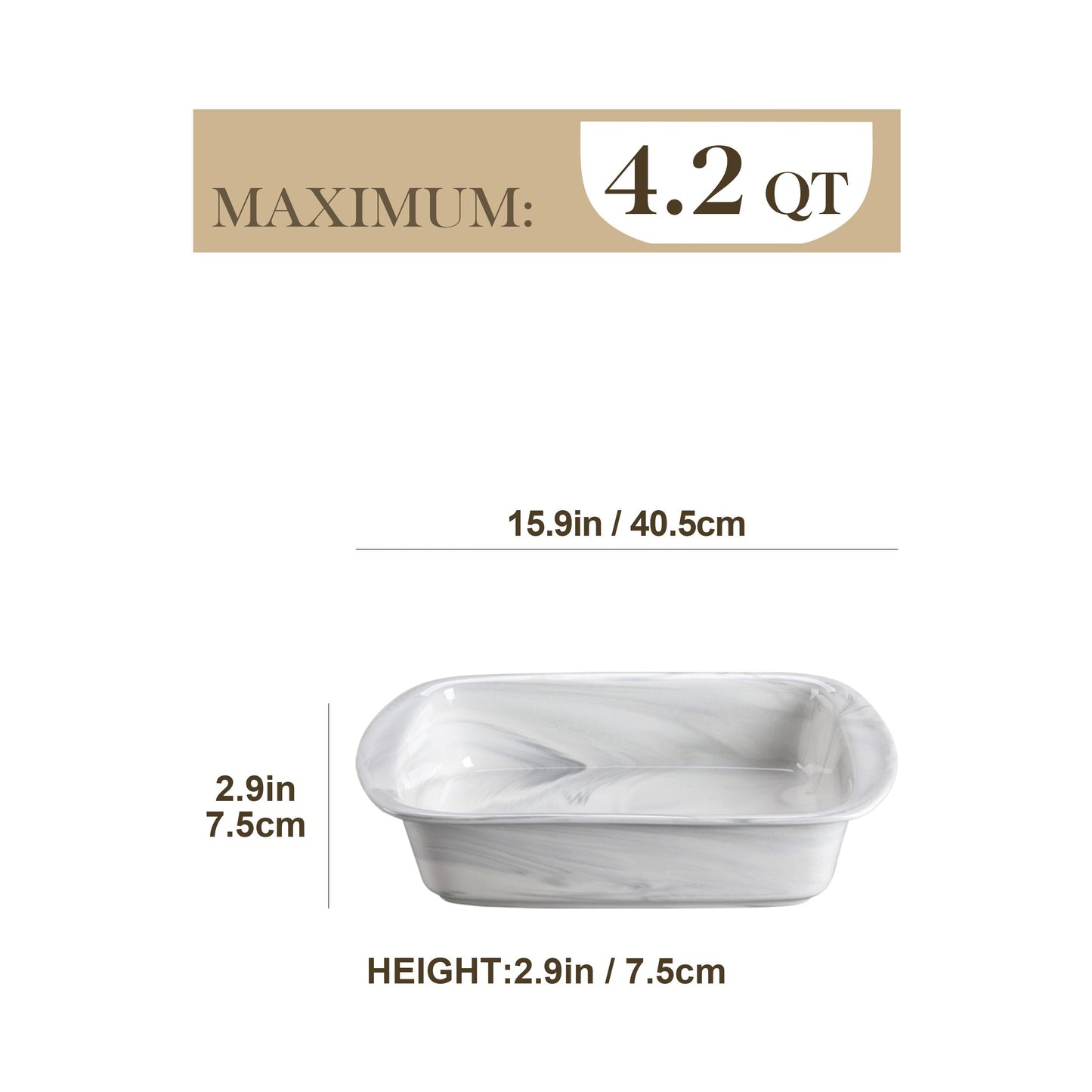 Collection of one square marble porcelain casserole dish, baking dish, oven dish, pie tin, bread baking dish, baking set bowl, 4000ml capacity