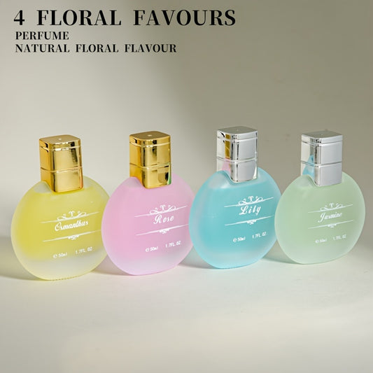 4 types of women's floral perfume in 50ml bottles - Lily, Osmanthus, Jasmine, and Rose. Fresh and natural scents for daily use, affordable, long-lasting.