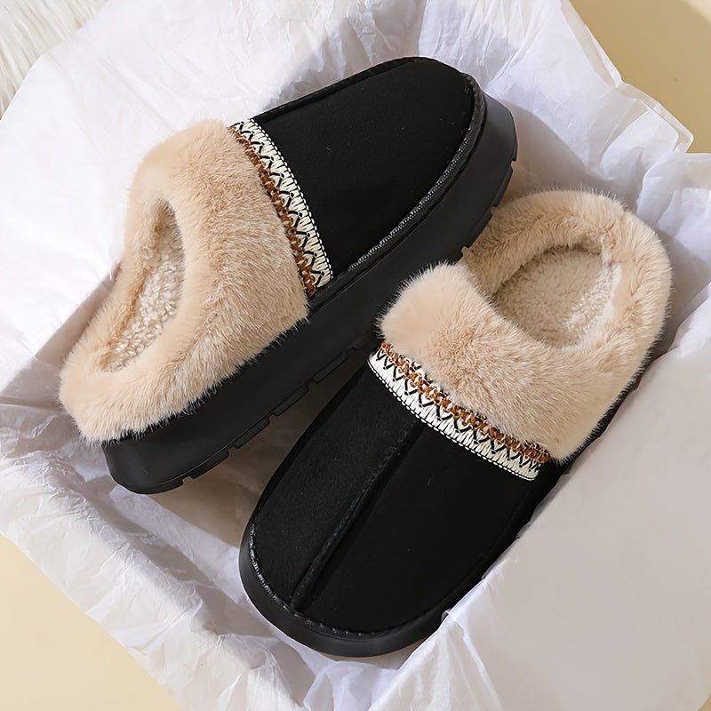 Women's cozy slippers with plush lining, non-slip EVA sole, soft fabric, casual style, hand wash only, solid color, all-season wear, no print.