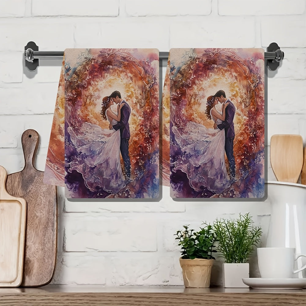 Two pieces of Romantic Sunrise Kitchen Towels made of ultra soft and highly absorbent polyester. Each towel measures 40.64x60.96 cm and features a vibrant design of a couple embracing. Perfect for holiday decor and daily use, these towels are machine