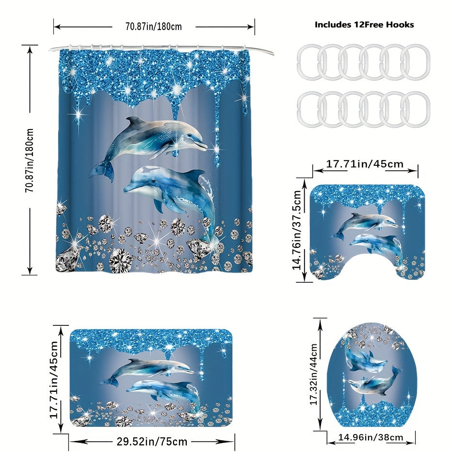 Dolphin-themed shower curtain set with bath mat & rug. Waterproof polyester, easy care. Ideal for ocean-themed bathroom decor.