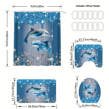 4-piece shining diamond dolphin printed bathroom set in blue includes a waterproof shower curtain, non-slip rug, toilet u-shape mat, and toilet lid cover mat with hooks.