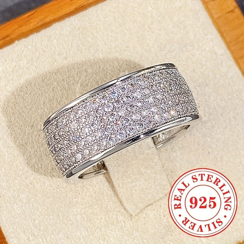 Elegant Wide Sterling Silver Ring for Women, Featuring 6.9 Grams of 925 Silver and Sparkling Zirconia, Perfect for Weddings and Special Occasions.