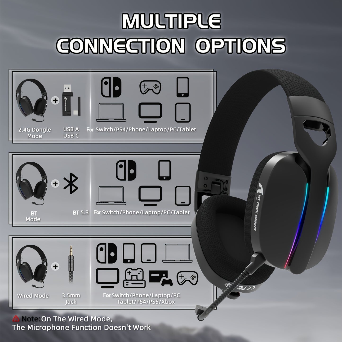 ATTACK SHARK L90 Foldable RGB Gaming Headset - Ultra-Light, Tri-Mode Wireless/Wired, 7.1 Dynamic Stereo Sound, RGB Lighting, Breathable Design for Multiple Devices