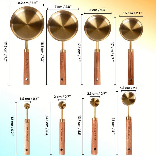 Готовьте и выпекайте с точностью, используя роскошный набор золотых мерных чаш и ложек с ароматными деревянными ручками. В набор входят прочные металлические мерные ложки и чаши для точных измерений.