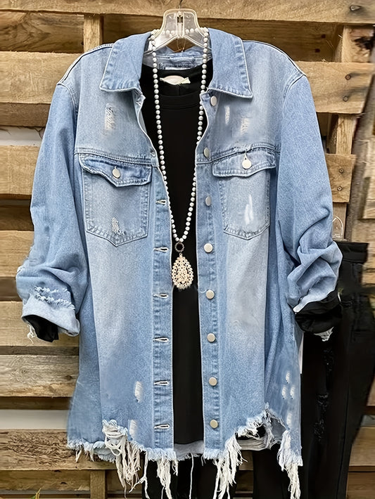 Women's oversized denim jacket with asymmetrical hem, lapel collar, and raw hem detail. Made from non-stretch 100% fabric, suitable for all seasons.