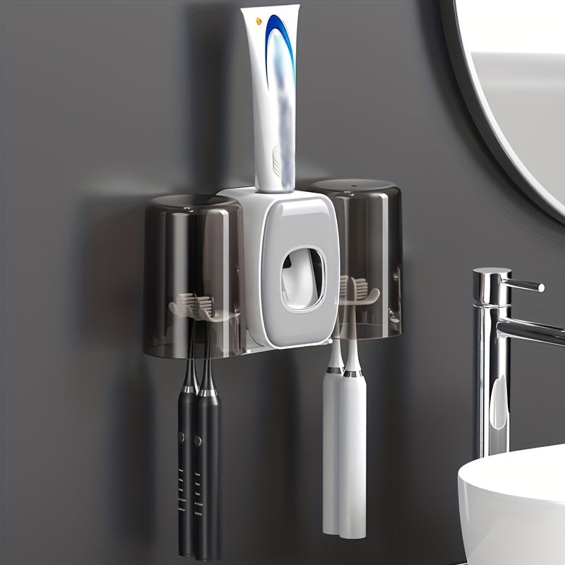 Wall-mounted toothbrush holder with toothpaste squeezer, mouthwash cup, and storage for bathroom organization and home decor.