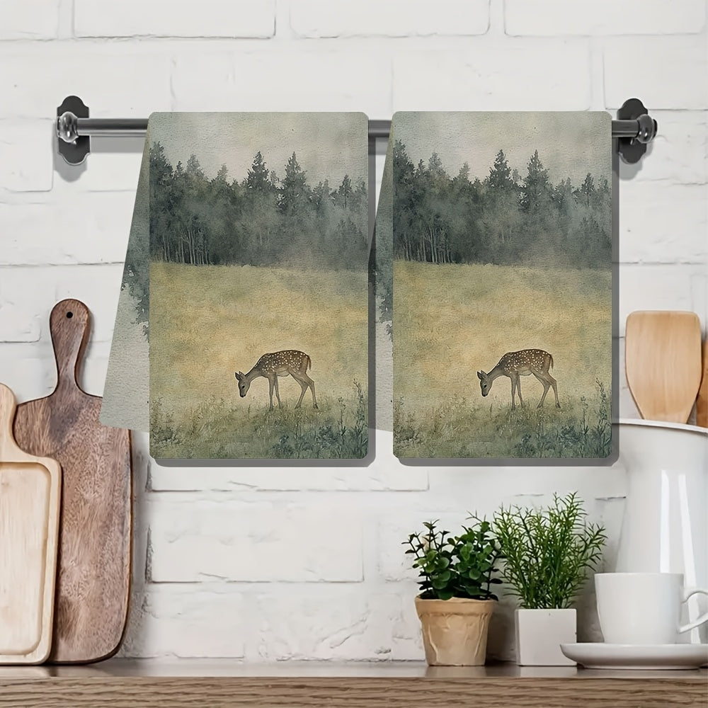 Get two ultra soft kitchen towels featuring a serene meadow and deer design. These highly absorbent polyester dish hand towels are machine washable and measure 40.64x60.96 cm. They are perfect for holiday decor.