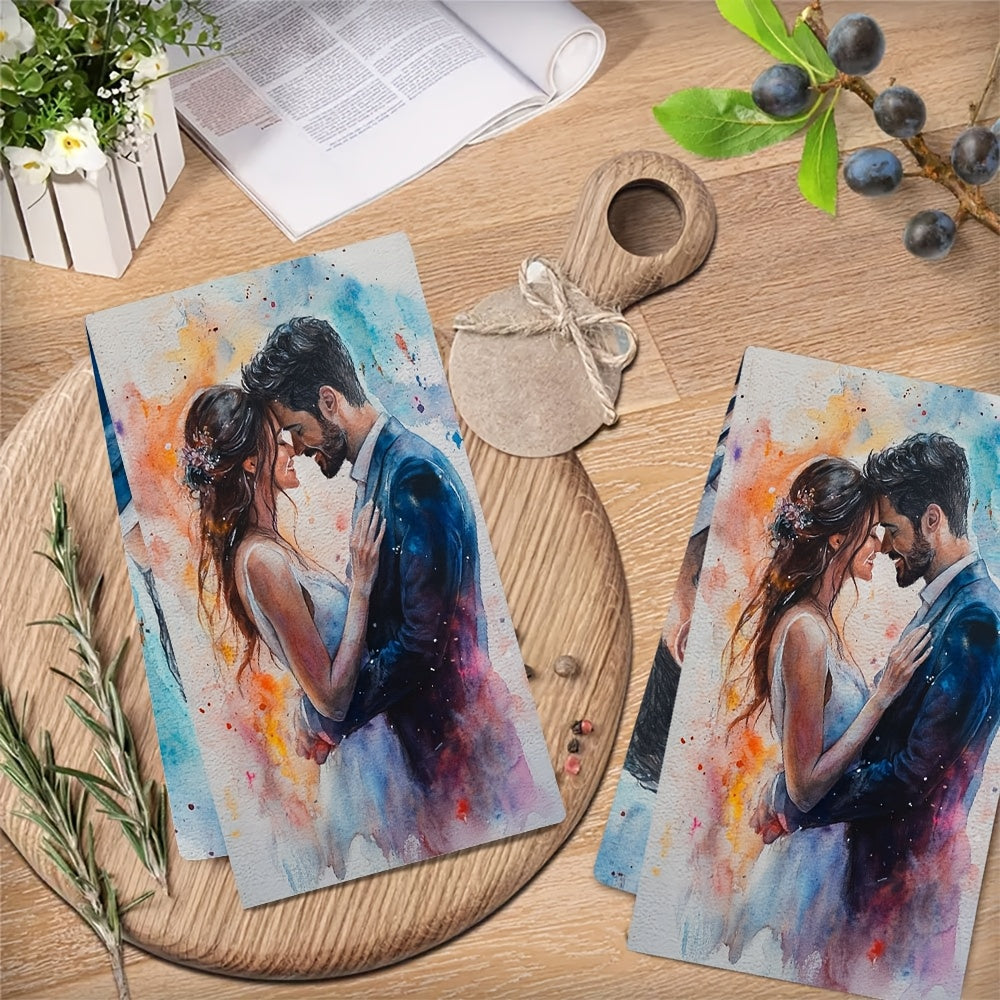 Two pieces of romantic watercolor couple kitchen towels.
These towels are ultra soft and highly absorbent, made of polyester.
With dimensions of 40.64x60.96 cm, they are perfect for drying dishes.
They are machine washable and feature vibrant holiday