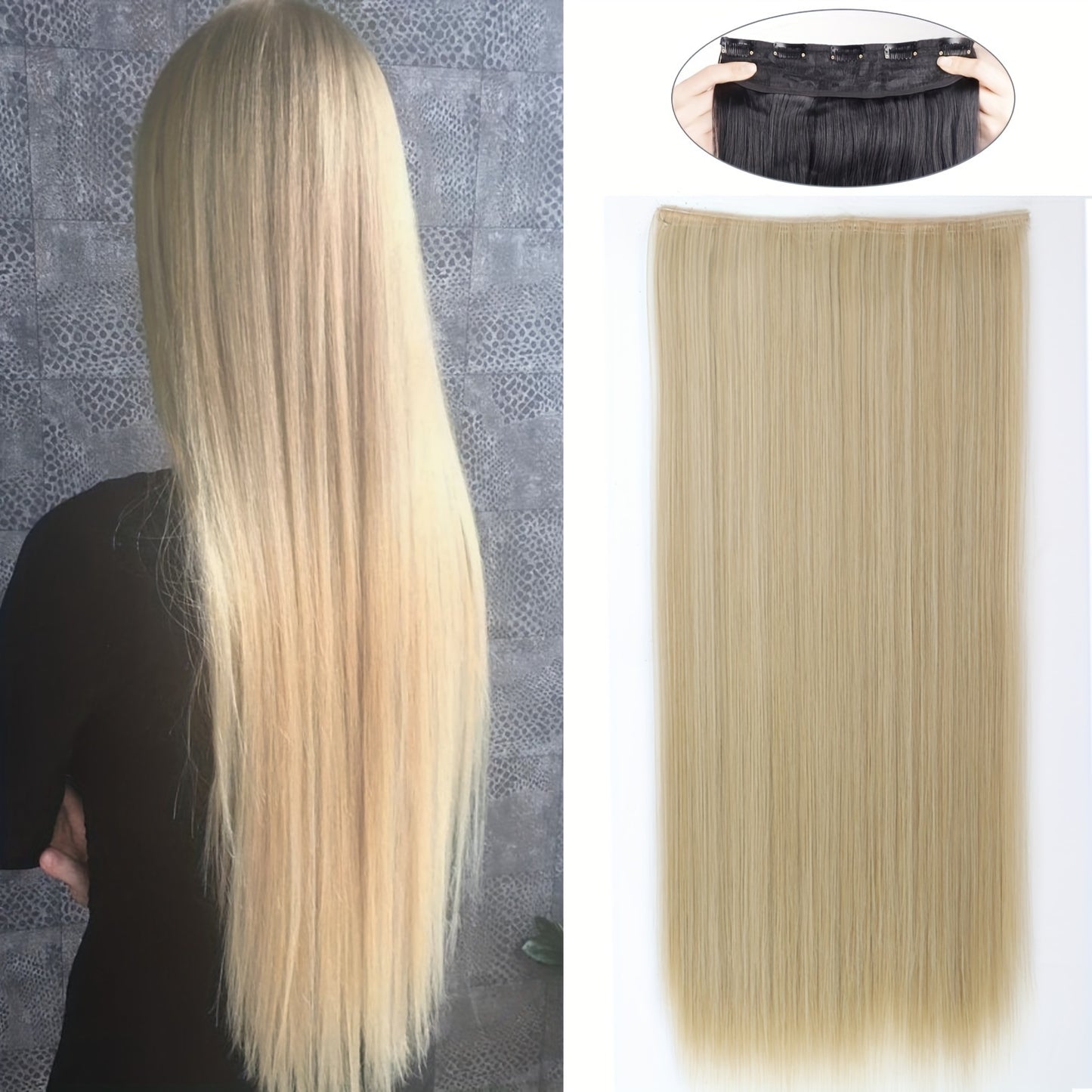 Elegant natural looking synthetic clip-in hair extensions for daily use, 32 inch long straight pieces with 5 clips.