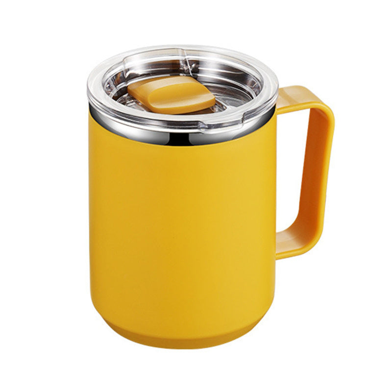 Insulated stainless steel coffee mug with handle and lid for office, outdoor, and school use.