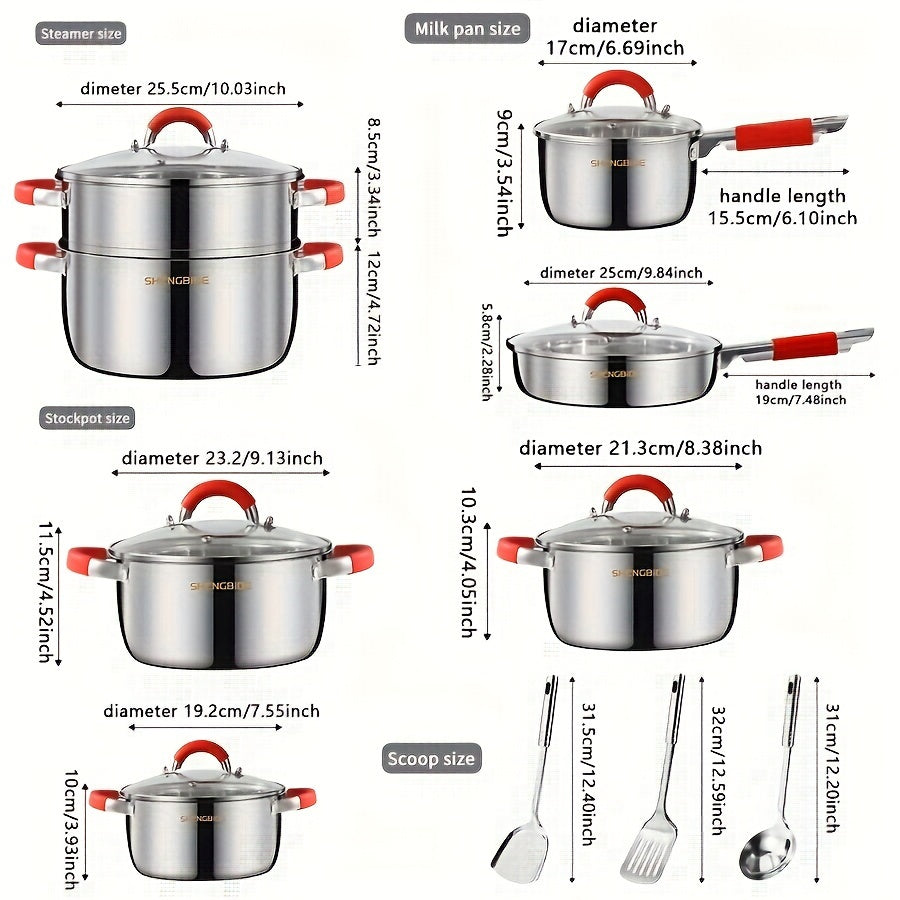 This set includes 16 pieces of stainless steel cookware, perfect for all your cooking needs. The set contains 4 pots, 1 frying pan, 1 milk pot, 6 pot lids, 2 spatulas, 1 spoon, and 1 steamer. The pots are designed to distribute heat evenly and quickly