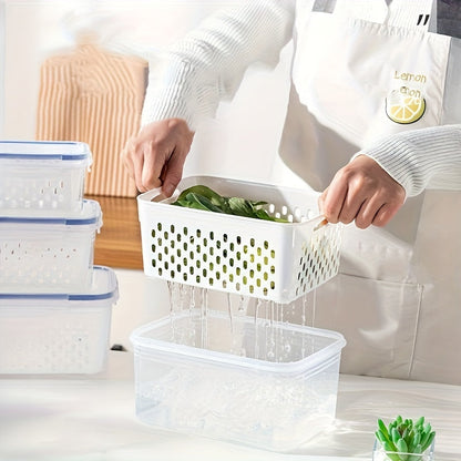 4-piece refrigerator storage bins set made of BPA-free, leak-proof materials. These airtight, stackable meal prep boxes are suitable for storing fruits, vegetables, meat, and grains safely. They are food contact safe.