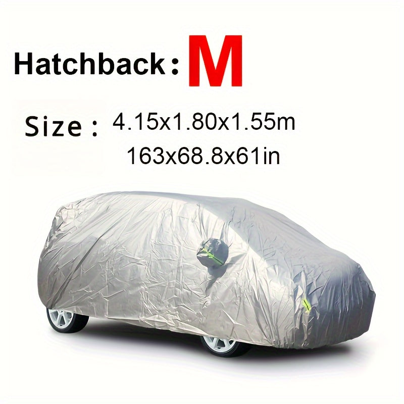 Car cover with UV and dust protection, suitable for cars, pickups, SUVs, and hatchbacks. Features reflective strip for added protection. Suitable for outdoor use.