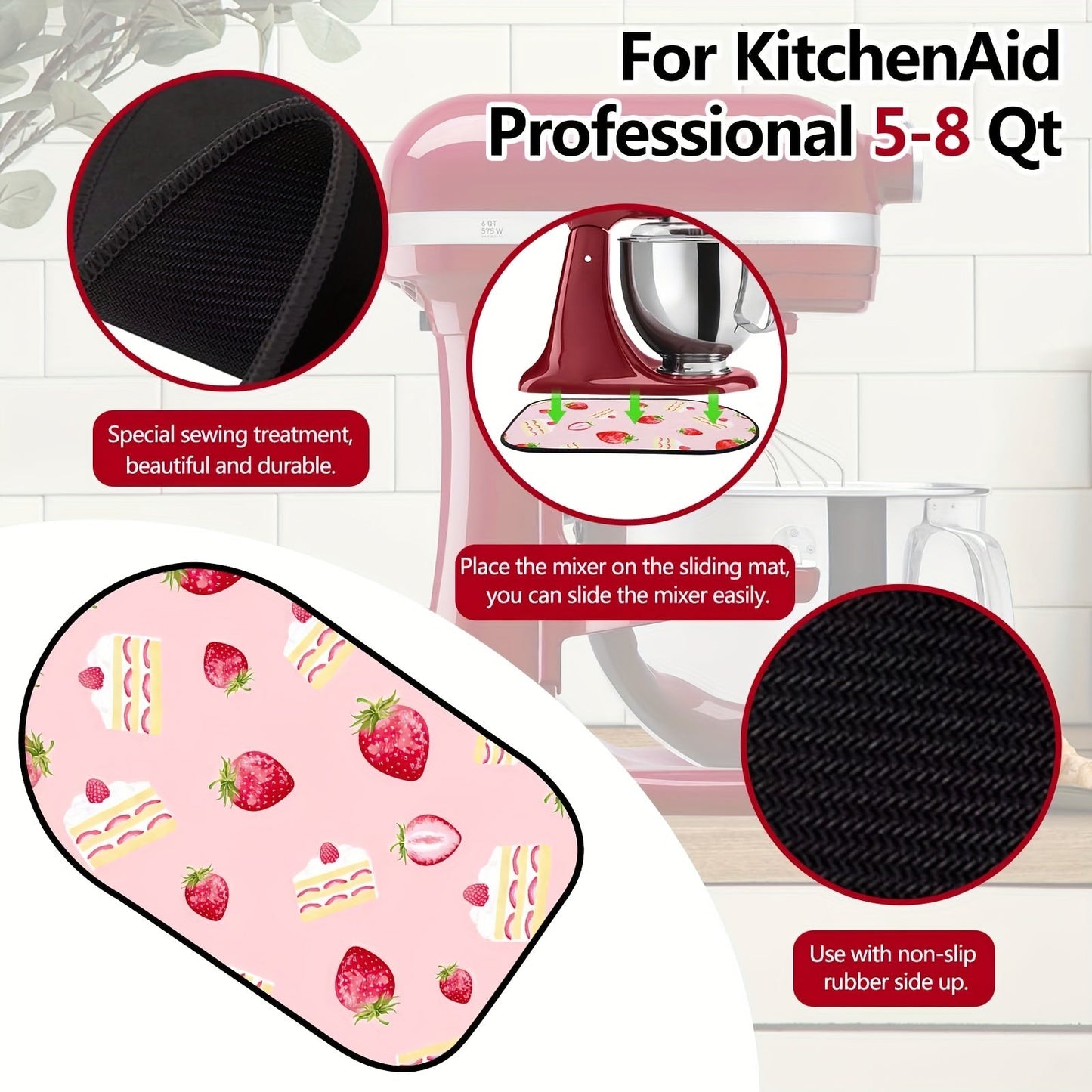 Durable Non-Slip Silicone Mixer Mat for 4.5/5 Quart Tilt-Head Mixers - Easy to Clean Strawberry & Cake Design