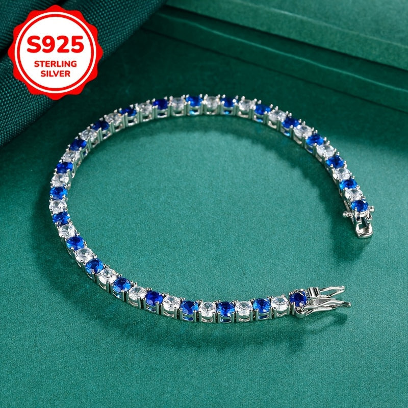 Women's Tennis Bracelet in 925 Sterling Silver with Blue & White Synthetic Cubic Zirconia Stones, Stylish Hip-Hop Design, Lightweight 8g, Perfect for October Birthdays, Versatile Piece for Daily and Party Wear All Year Round