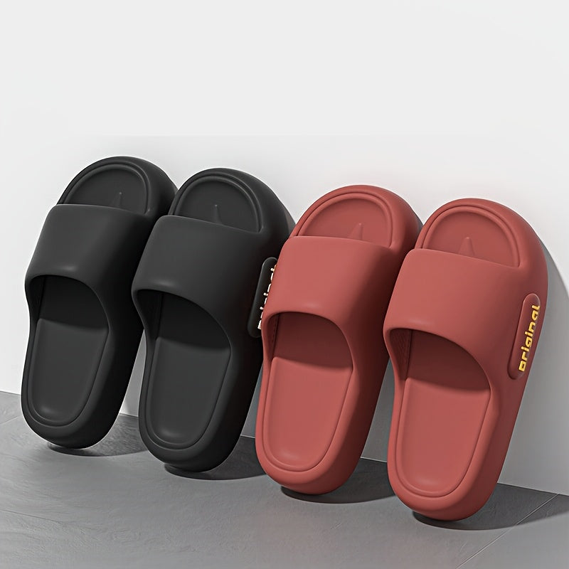 Stylish solid color slippers with soft soles, ideal for indoor use. Made with EVA material that's easy to clean in the machine.