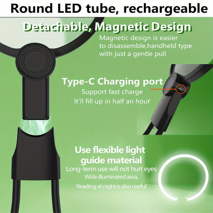 USB rechargeable LED magnifying glass with adjustable brightness and long-lasting 10,000mAh battery, great for reading, sewing, and crafts, specially designed for seniors.