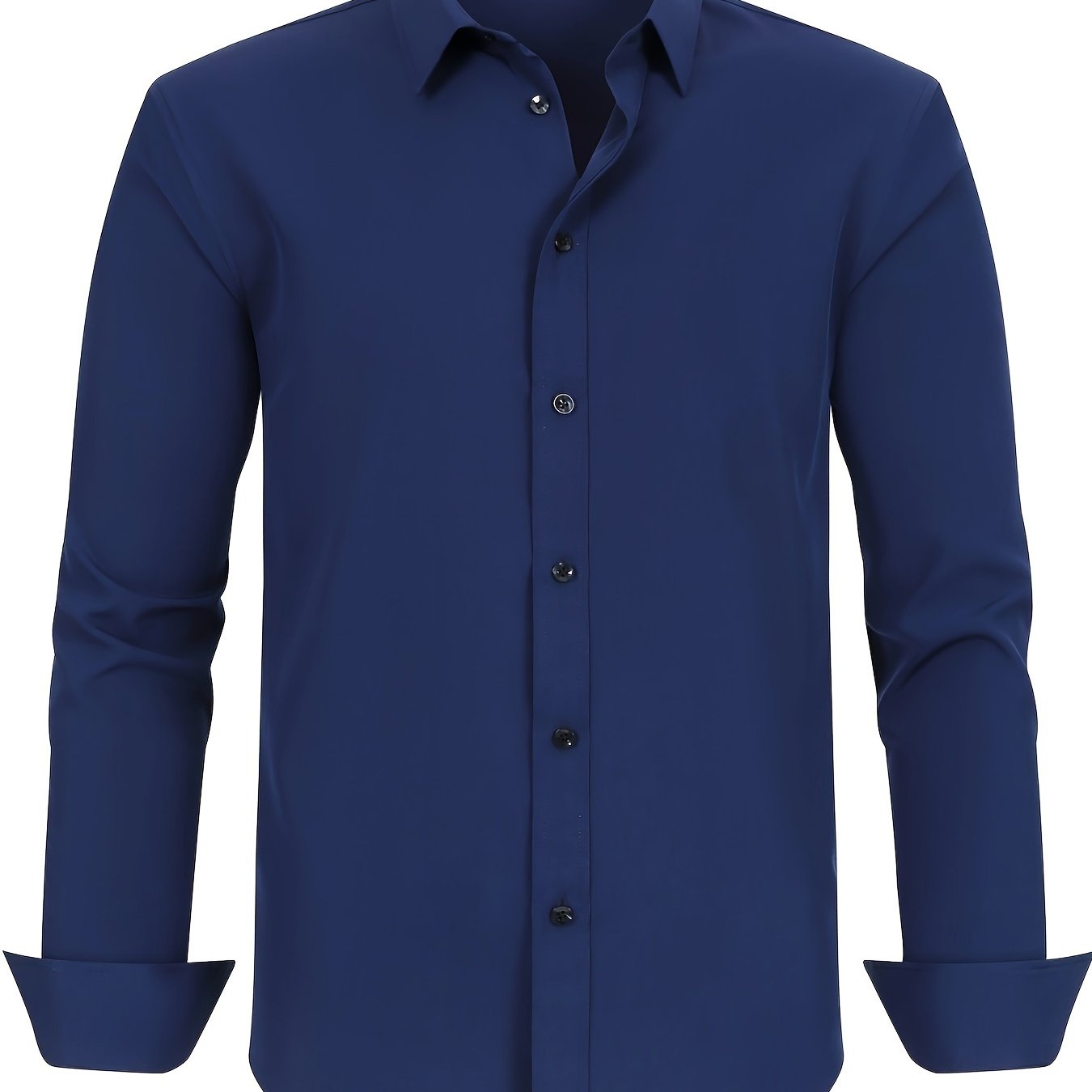 Men's plus size dress shirt in solid color with square collar, regular fit, made from all-season polyester with slight stretch. Features button details and woven fabric, weighing 120g/m².