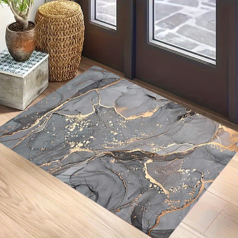 Waterproof floor mat with marble pattern, suitable for various indoor and outdoor spaces. Made of machine washable polyester.