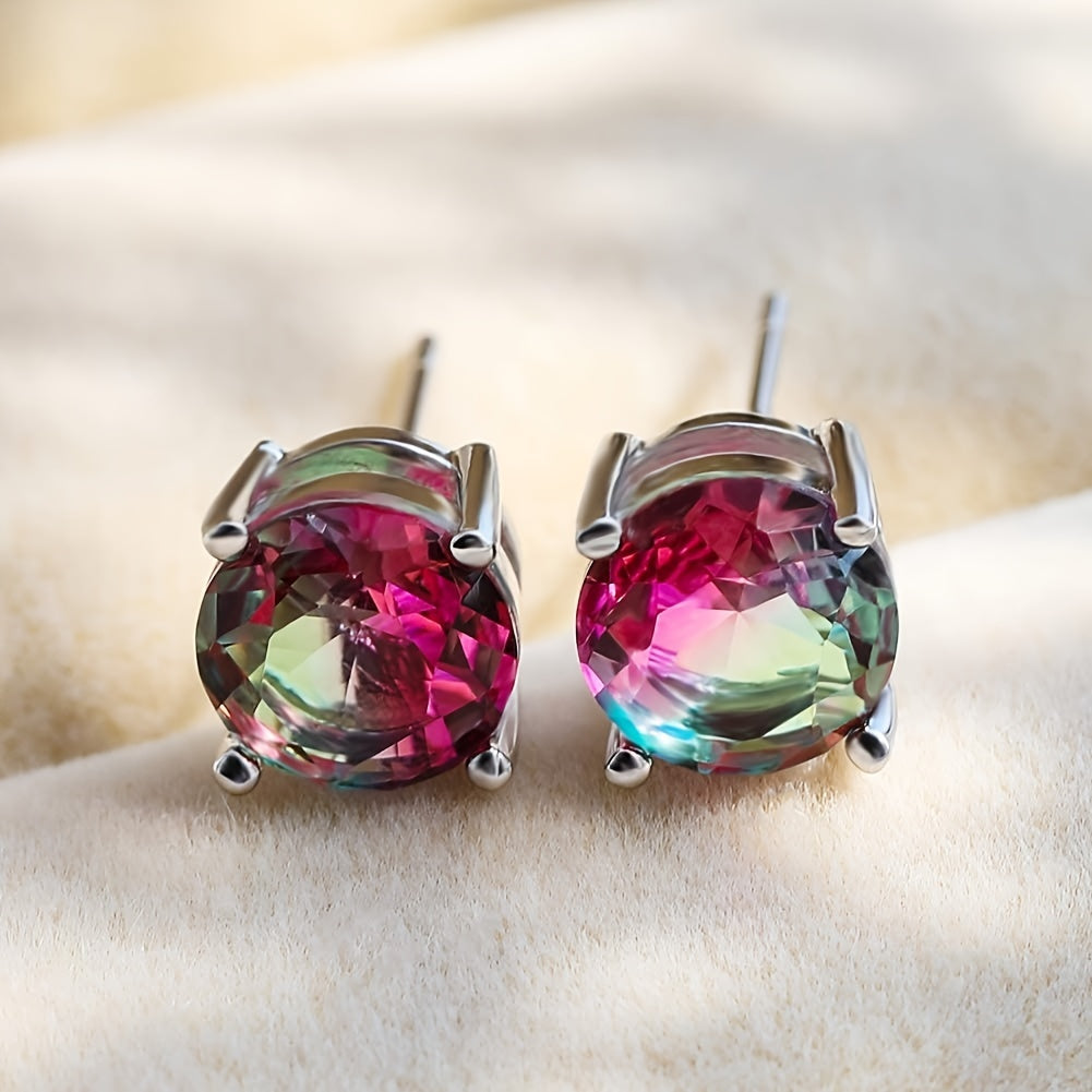 Elegant Sterling Silver Tourmaline Earrings with 925 Stamped, Multi-color Anti-allergy Earrings, 6.78mm Round Single Gemstones, Perfect for Women and Teens