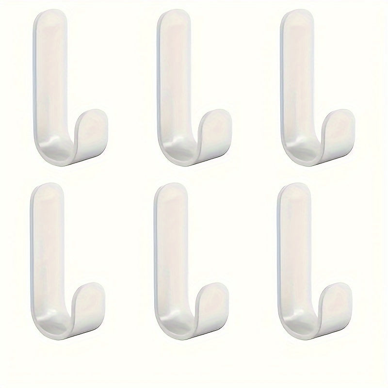 6 strong adhesive J-shaped hooks for kitchen storage, with no-drill, rust-resistant plastic design.