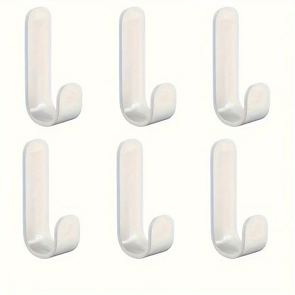 6 strong adhesive J-shaped hooks for kitchen storage, with no-drill, rust-resistant plastic design.