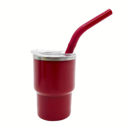 A 3oz car cup pack containing an outer plastic and inner steel construction, with a stainless steel stretch liner and a silicone sleeve straw.