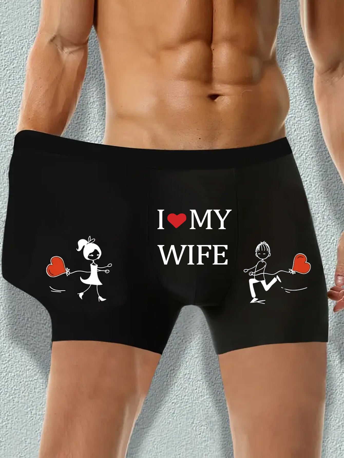 Men's 'I Love My Wife' Printed Boxer Briefs in soft, stretchy polyester knit fabric. Perfect for everyday comfort and as a romantic Valentine's Day gift. Features playful print design and