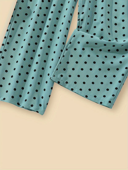 New summer style girls' trousers suit for medium and large children, featuring personalized avatar round neck top and loose fit polka dot wide leg pants.