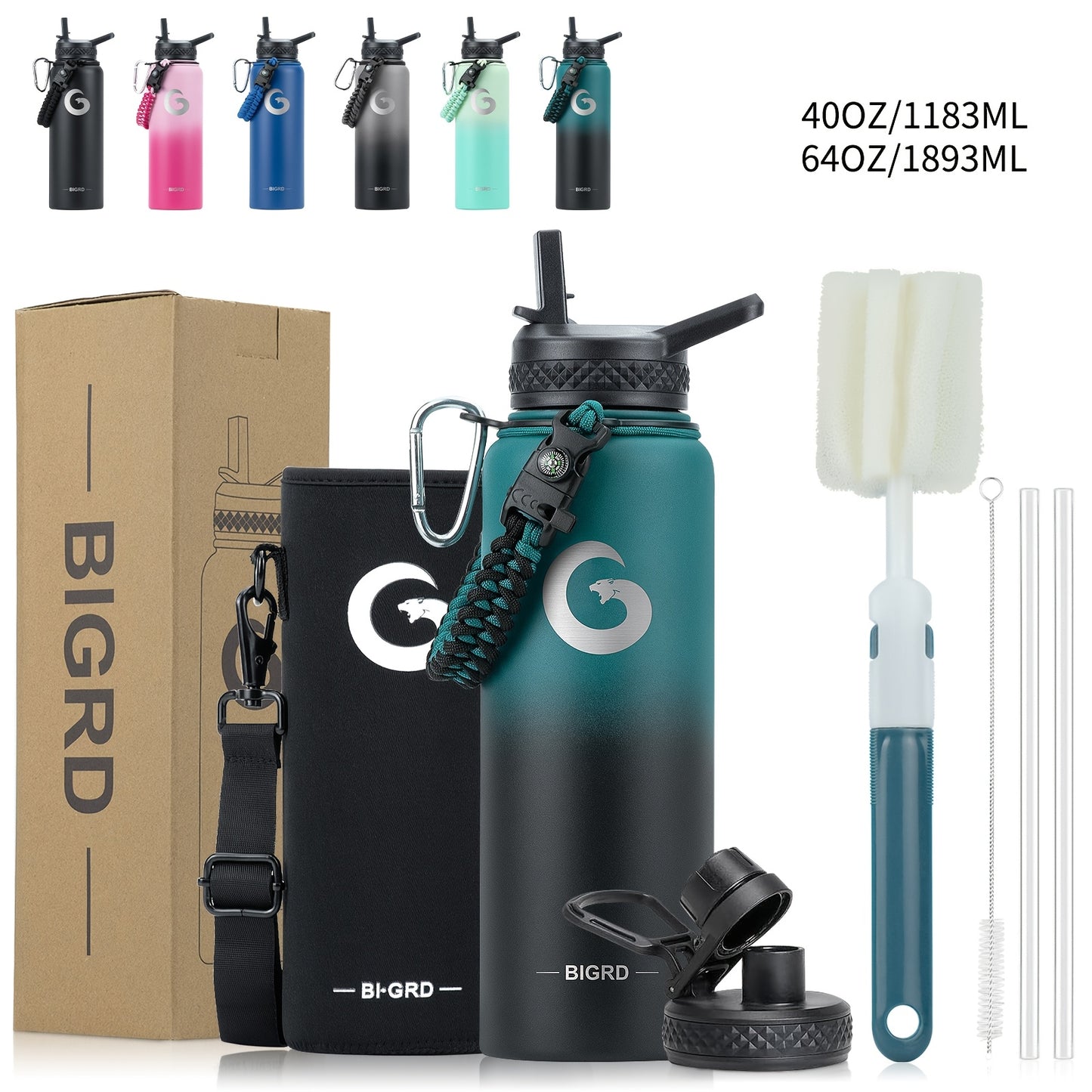 1pc BIGRD insulated water bottle with paracord handle and straw spout lid, available in 40oz/1183ml and 64oz/1893ml sizes, triple vacuum stainless steel keeps drinks cold for 48 hours.