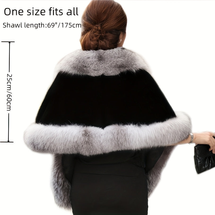 Luxurious black wrap shawl with white trim, perfect for evening events.