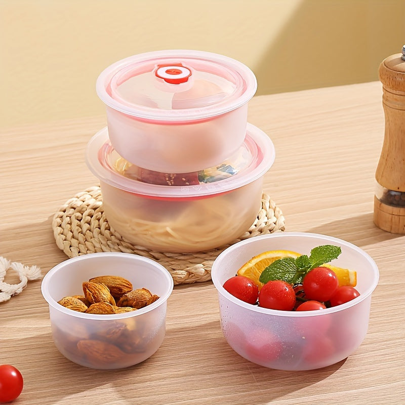 Set of 3 round plastic storage containers with leak-proof, reusable, multipurpose flip-top lids for kitchen organization. Made of wheat straw material, these fresh-keeping bowls are perfect for storing grains, fruits, vegetables, and meals. Easy to hand