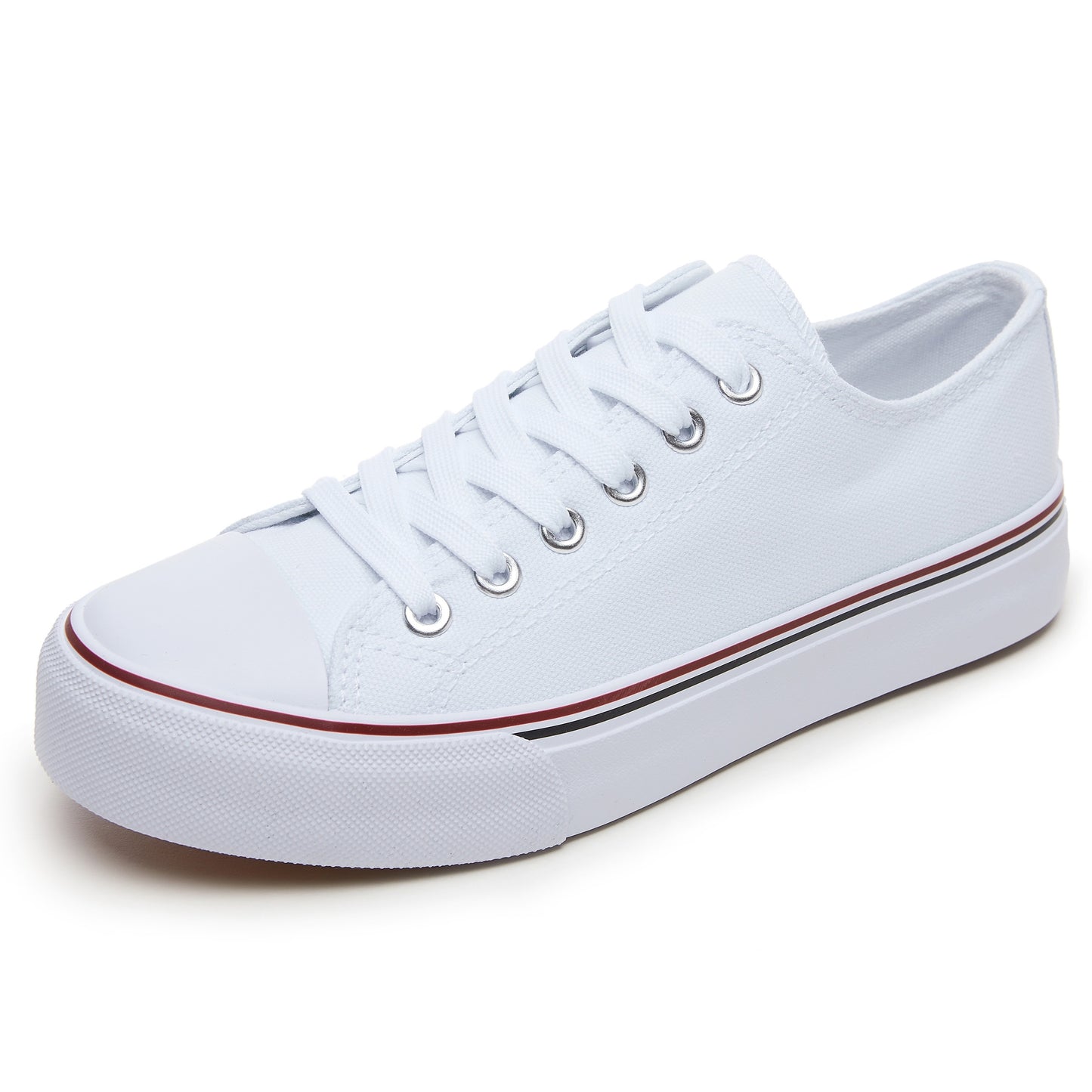 Black and white low top lace-up sneakers for women with rubber sole, fabric lining, and durable outsole for all-day comfort. Casual footwear with sleek design and fabric upper.