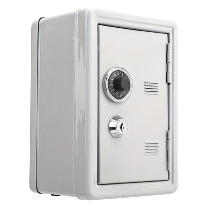 Small iron money safe with coded combination lock and key, built-in change storage for home and office use.