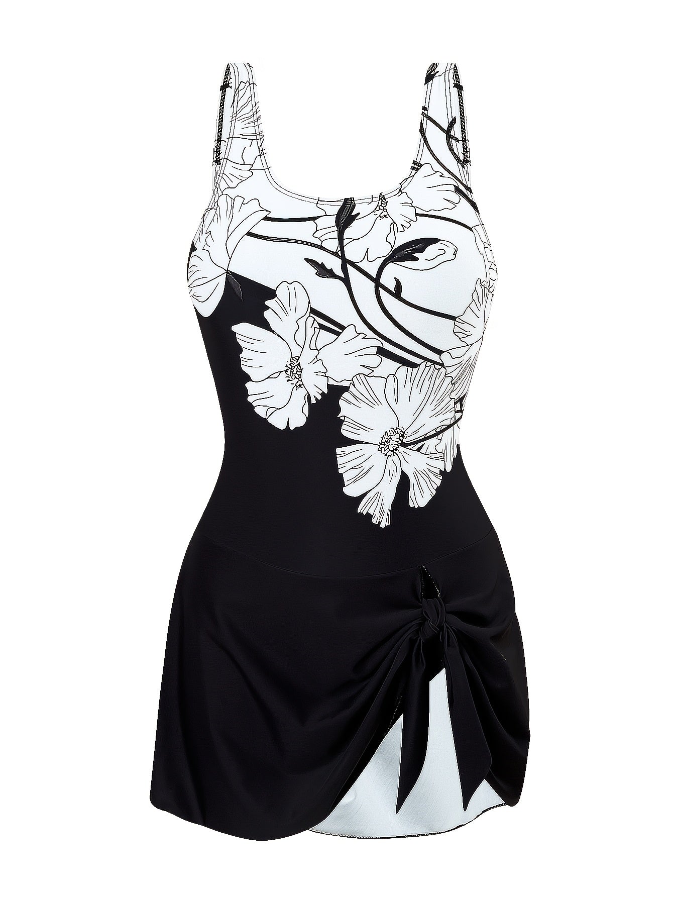 Floral print swimsuit with skirted bottom, slimming high-waisted design in black & white, stretchy polyester/elastane blend, removable pads, perfect for beach & poolside.