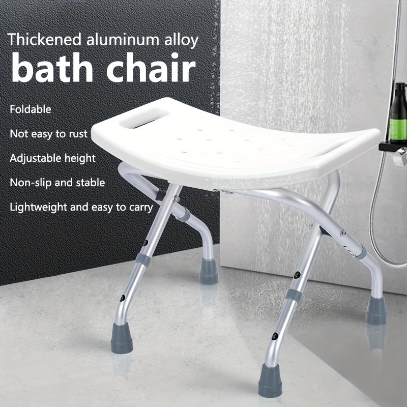 Folding shower chair with adjustable height and non-slip design for elderly, pregnant women, and those with mobility issues. No tools required. Perfect for bathroom showers.