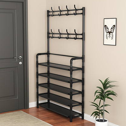 Elegant metal hall tree with coat and shoe rack, hooks, and multi-purpose organizer in black/white.