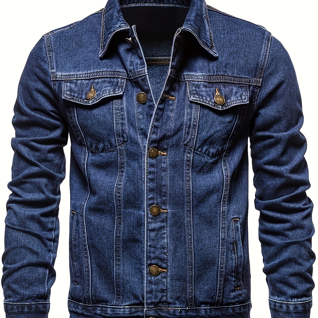 Men's casual street style denim jacket with multiple pockets.