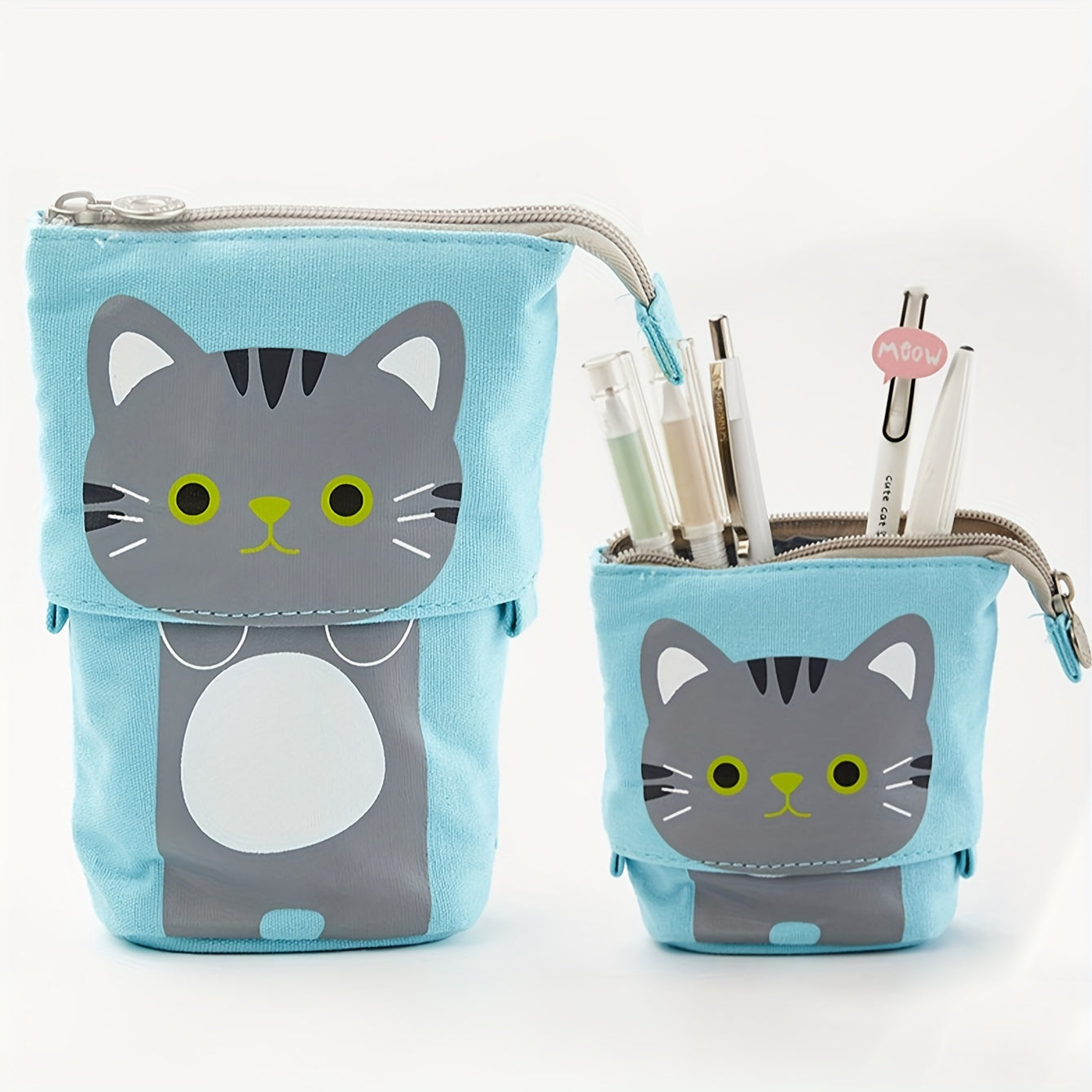 Canvas cat pencil case with zippered expandable design, 2-in-1 telescopic pouch for students.