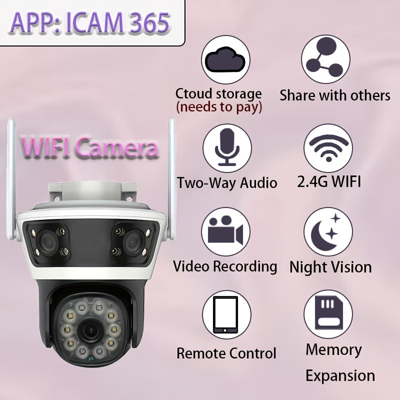 This surveillance camera features 1080p HD resolution, WiFi connectivity, night vision, two-way audio, motion detection, smartphone app control, and USB power. It has an irregular shape and does not require a battery, making it ideal for home security.