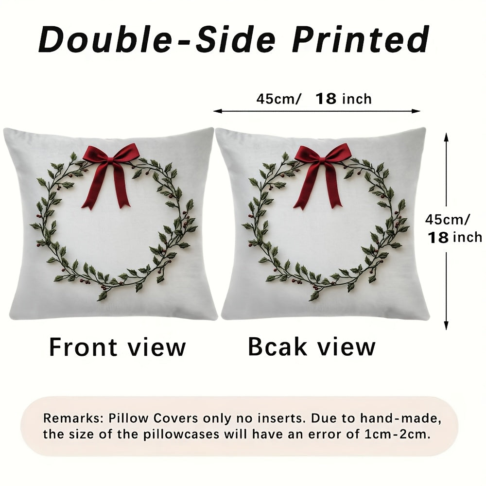 Embroidered Mistletoe Wreath Pillow Cover, made of 100% Polyester. Features Square Zippered Cushion Case, Double-Sided Short Plush. Machine Washable. Perfect for Christmas & Easter Decor. Suitable for age 14 and up. Pillow not included.