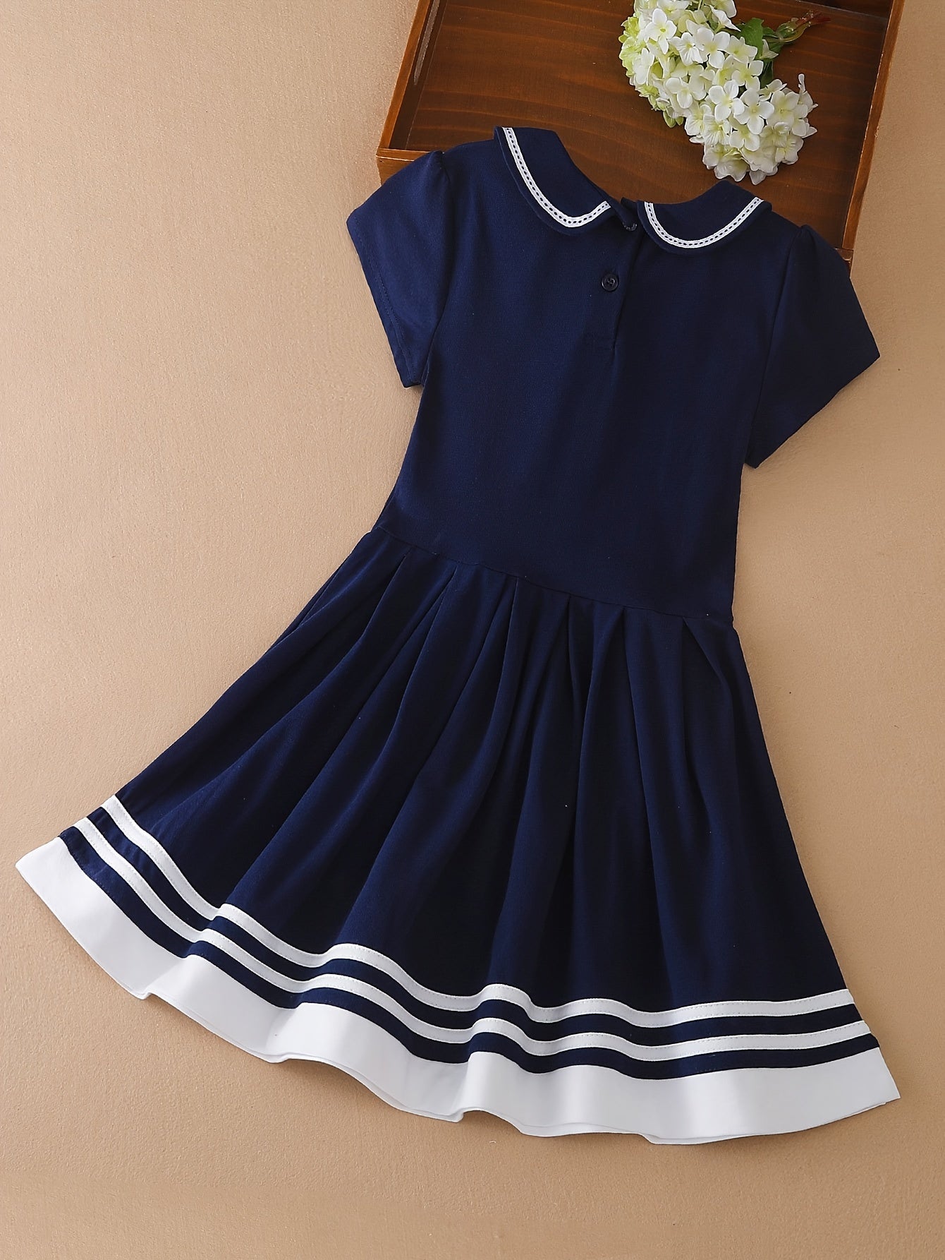 96% Cotton Girls Short Sleeve Dress with Collar Preppy Style for Summer Party Gift