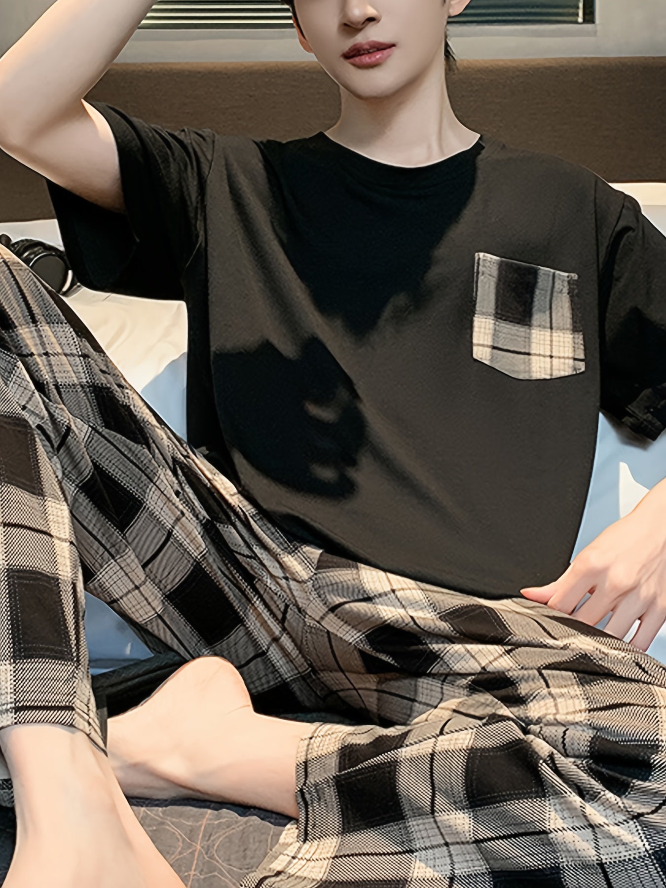 Men's 2-piece plaid pajama set for daily wear