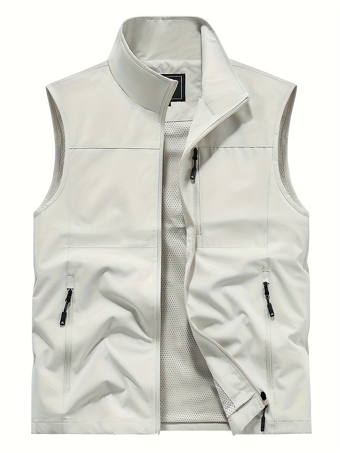 Polyester Sleeveless Vest for Men: Black, Multi-Pocket Design, Zipper Closure, Mesh Lining - Ideal for Spring/Autumn Outdoor Wear.