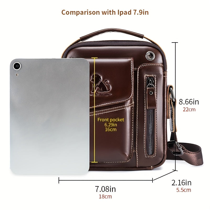 Fashion Genuine Leather Men's Crossbody Bag with Adjustable Shoulder Strap, Multi-Compartment Design, Zipper Closure - Dark Brown, Non-Washable for Outings.